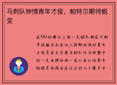 马刺队钟情青年才俊，帕特尔期待蜕变